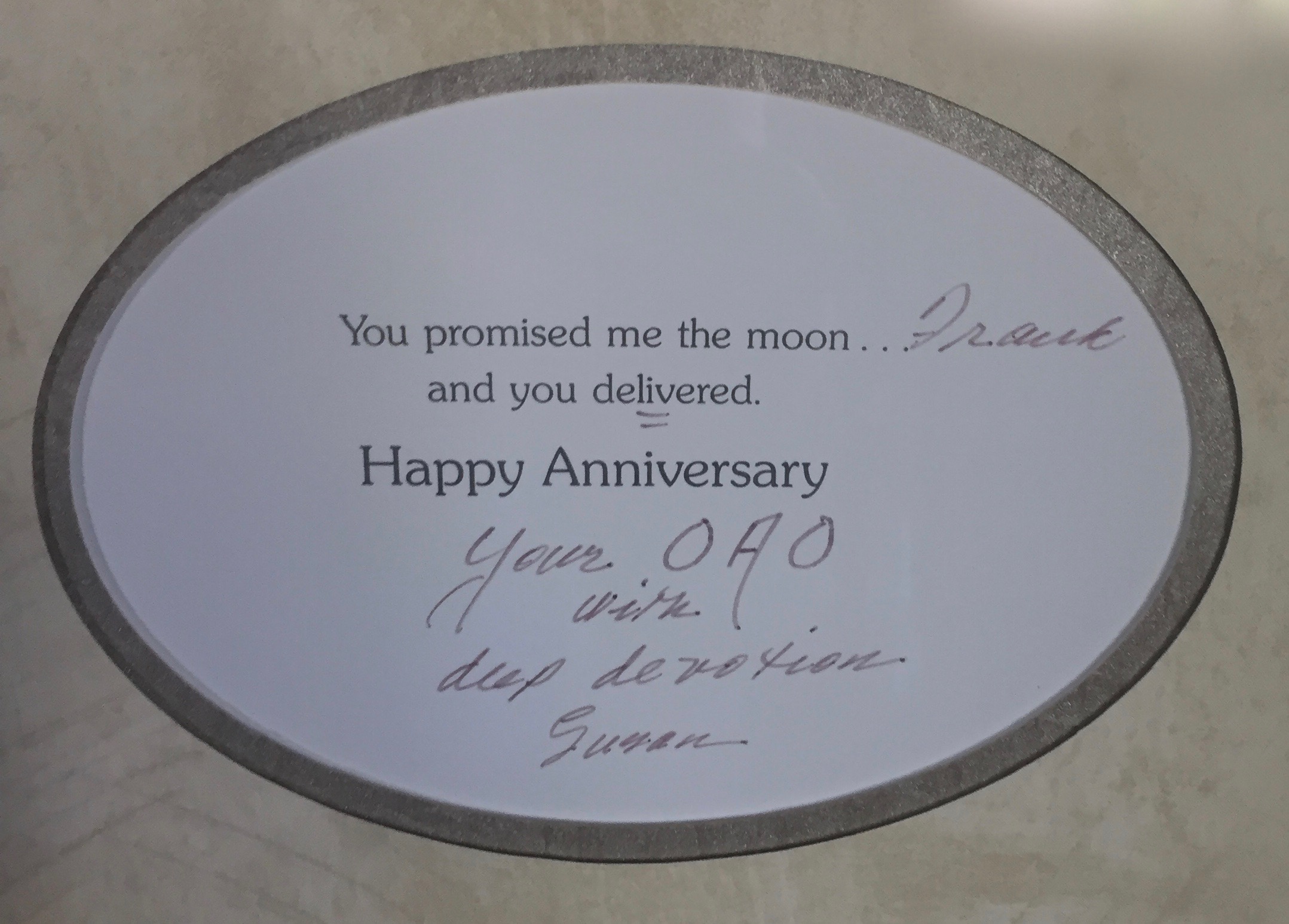 Frank's cherished anniversary card from Susan that hangs in their home