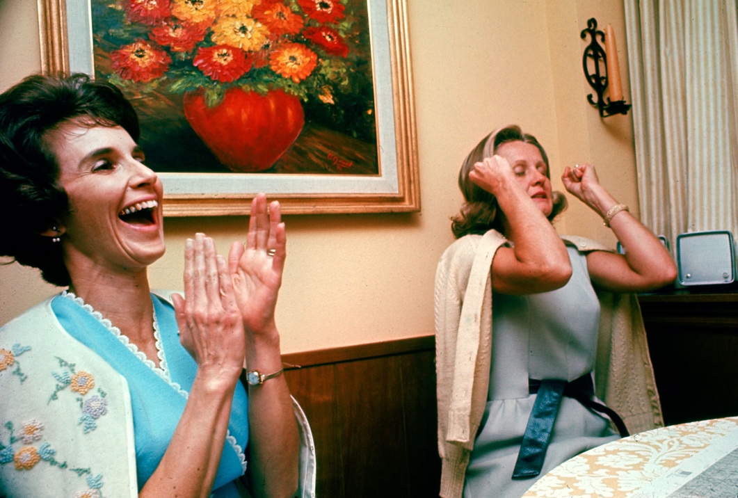 Valerie Anders and Susan celebrate the appearance of Apollo 8 after it's tenth and final orbit of the moon.